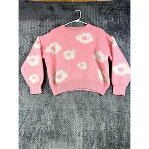 Daisy Sweater Womens Small Pink White Flower‎ Shaker Stitch Knit Balloon Sleeve